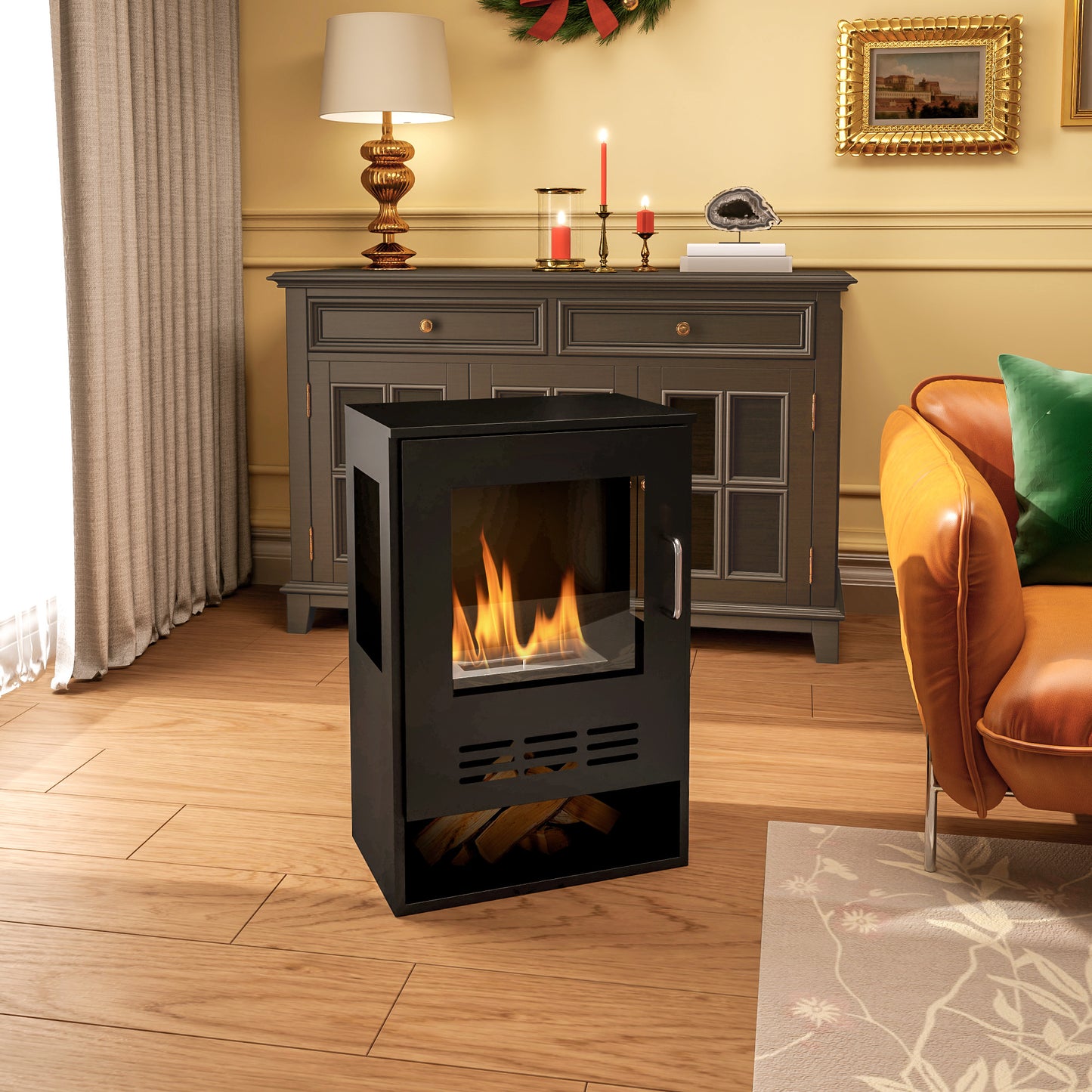 HOMCOM Ethanol Fireplace Stove, Bioethanol Burner, 0.9L Volume, 3.3 Hours Burn, Black