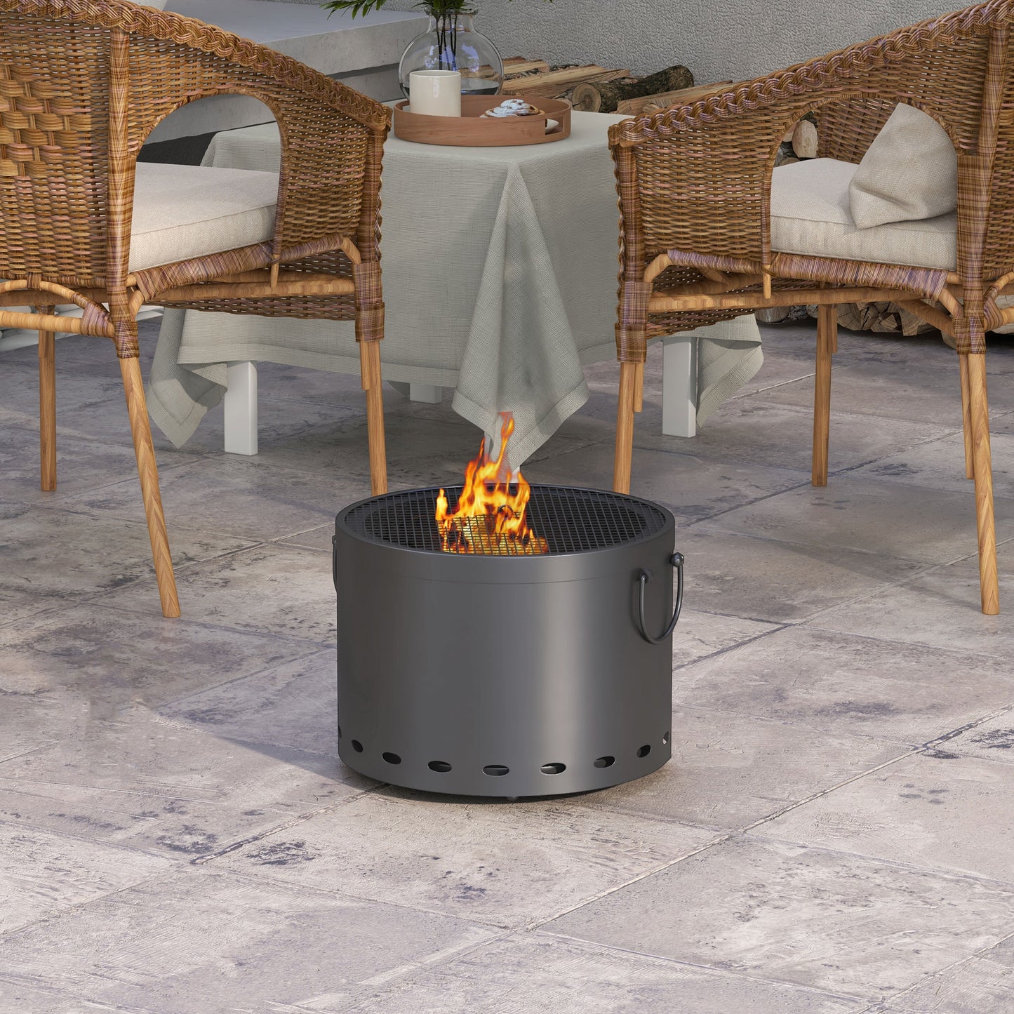 Outsunny Smokeless Fire Pit, 38cm Portable Wood Burning Firepit with Spark Screen & Poker, Dark Grey