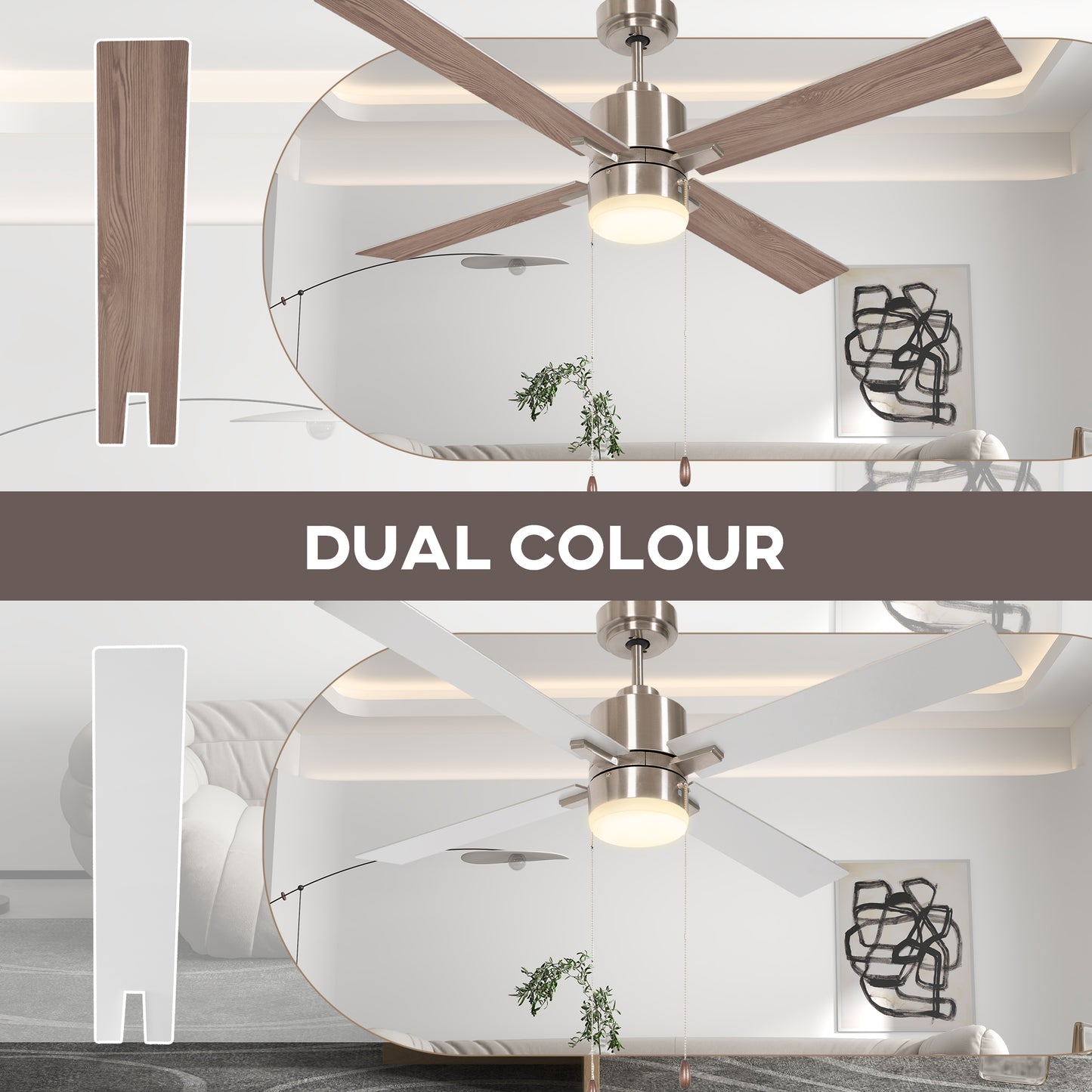 HOMCOM Ceiling Fan with LED Light Flush Mount Ceiling Fan Lights with Reversible Blades Pull-chain Silver and Natural Tone