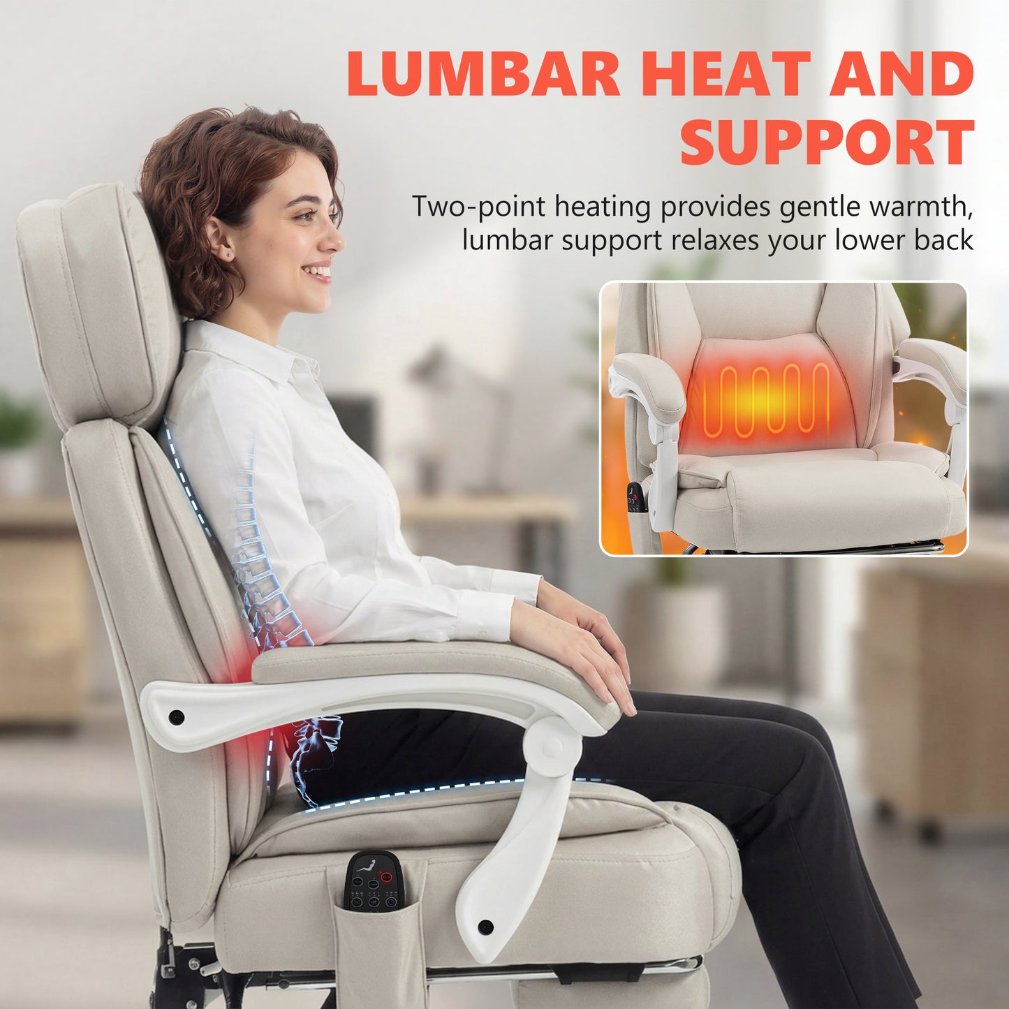 HOMCOM Office Chair with Massage, Heat, Adjustable Headrest, Leathaire‌ Reclining Desk Chair with Footrest, Cream White