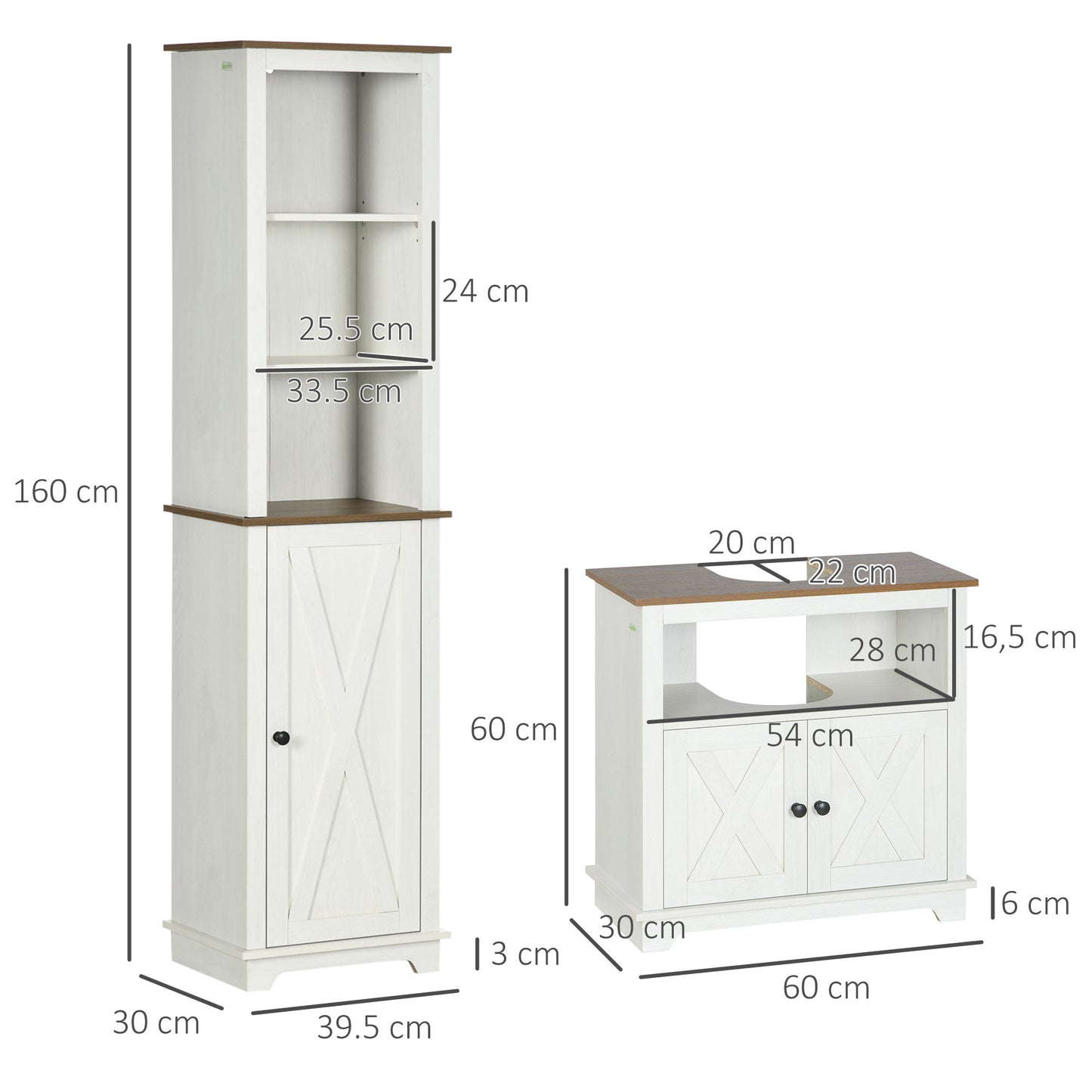 kleankin Bathroom Set: Tall Cabinet & Under Sink Cabinet with Adjustable Shelves, Cupboard, Open Shelf, Ash Wood Effect