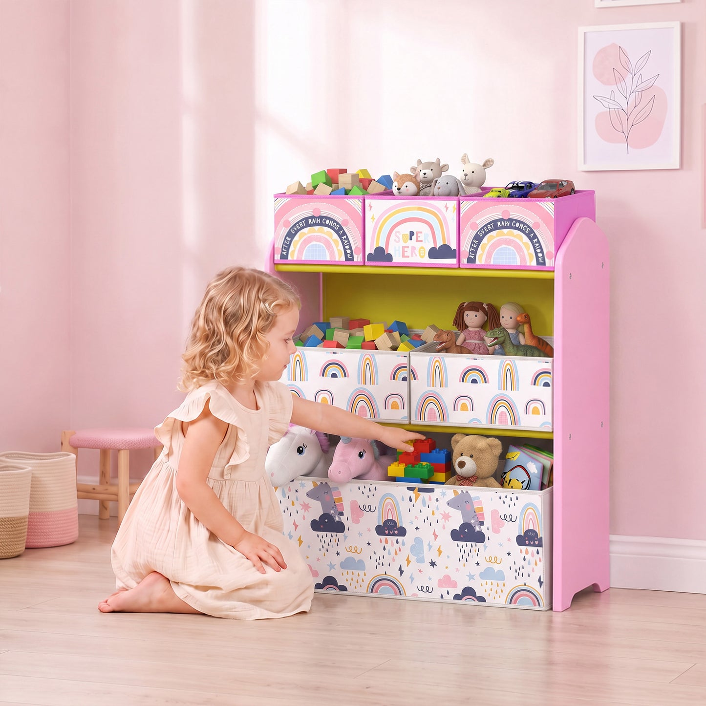 AIYAPLAY Toy Storage Organiser, 3-Tier Wooden Kids Toy Storage Rack with 6 Fabric Storage Bins for Bedroom, Kids Room, Pink