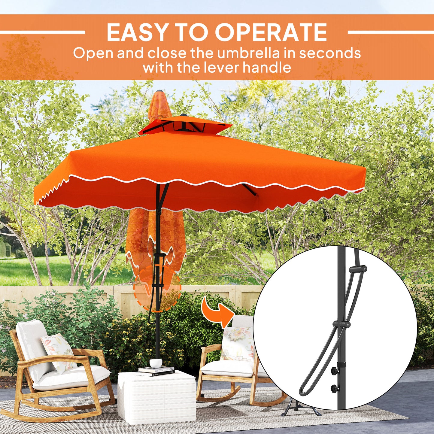 Outsunny 2.5m Cantilever Parasol, Square Double Top Garden Umbrella with Ruffles, Cross Base, Overhanging Sun Shade, Orange