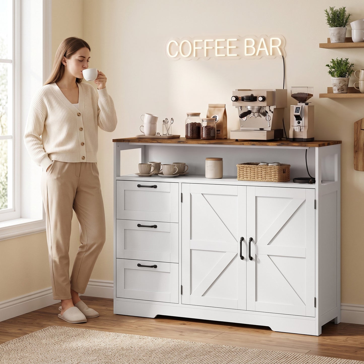 HOMCOM Sideboard Cabinet with Power Outlet, Farmhouse Kitchen Cabinet with 3 Drawers and Open Shelf, White