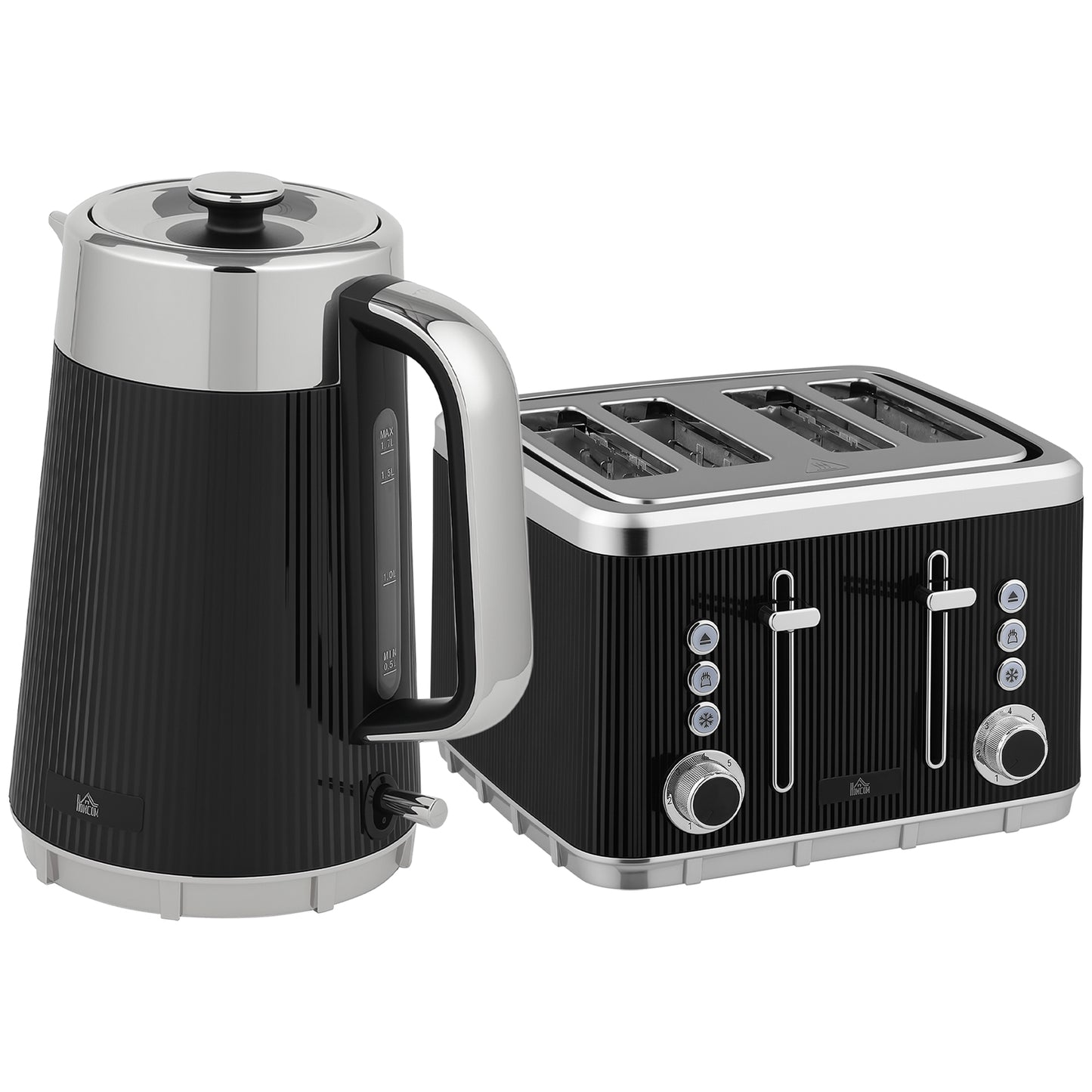 HOMCOM Electric Kettle and Toaster Set, 3000W 1.7L Rapid Boil, Cool Touch, 4 Slice Toaster with 7 Browning Controls, Crumb Tray, Black