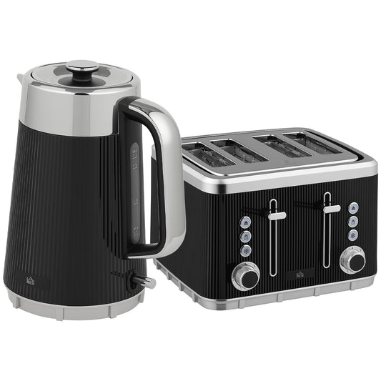HOMCOM Electric Kettle and Toaster Set, 3000W 1.7L Rapid Boil, Cool Touch, 4 Slice Toaster with 7 Browning Controls, Crumb Tray, Black