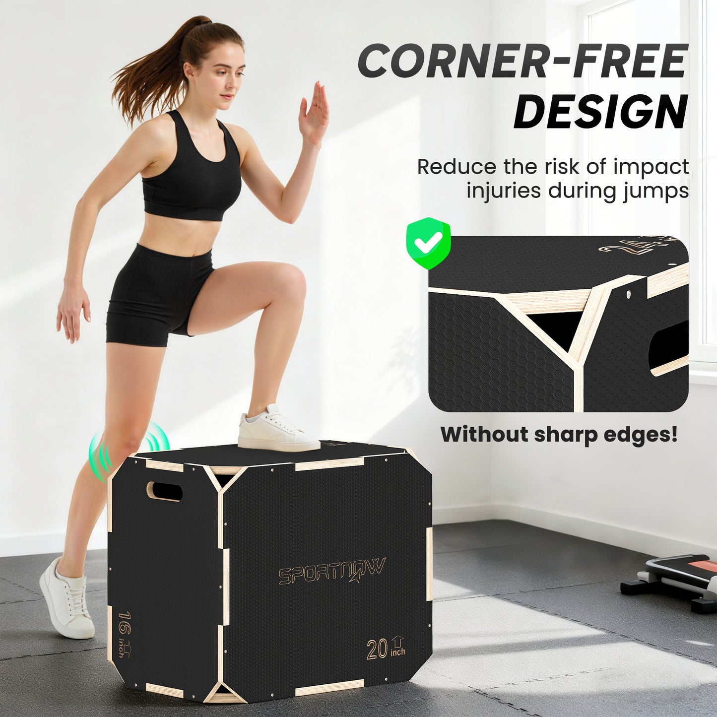SPORTNOW 3 in 1 Wooden Plyo Box, Corner-free Non-Slip Jump Box with Handles for Home Gym and Outdoor Workouts, 24" x 20" x 16".