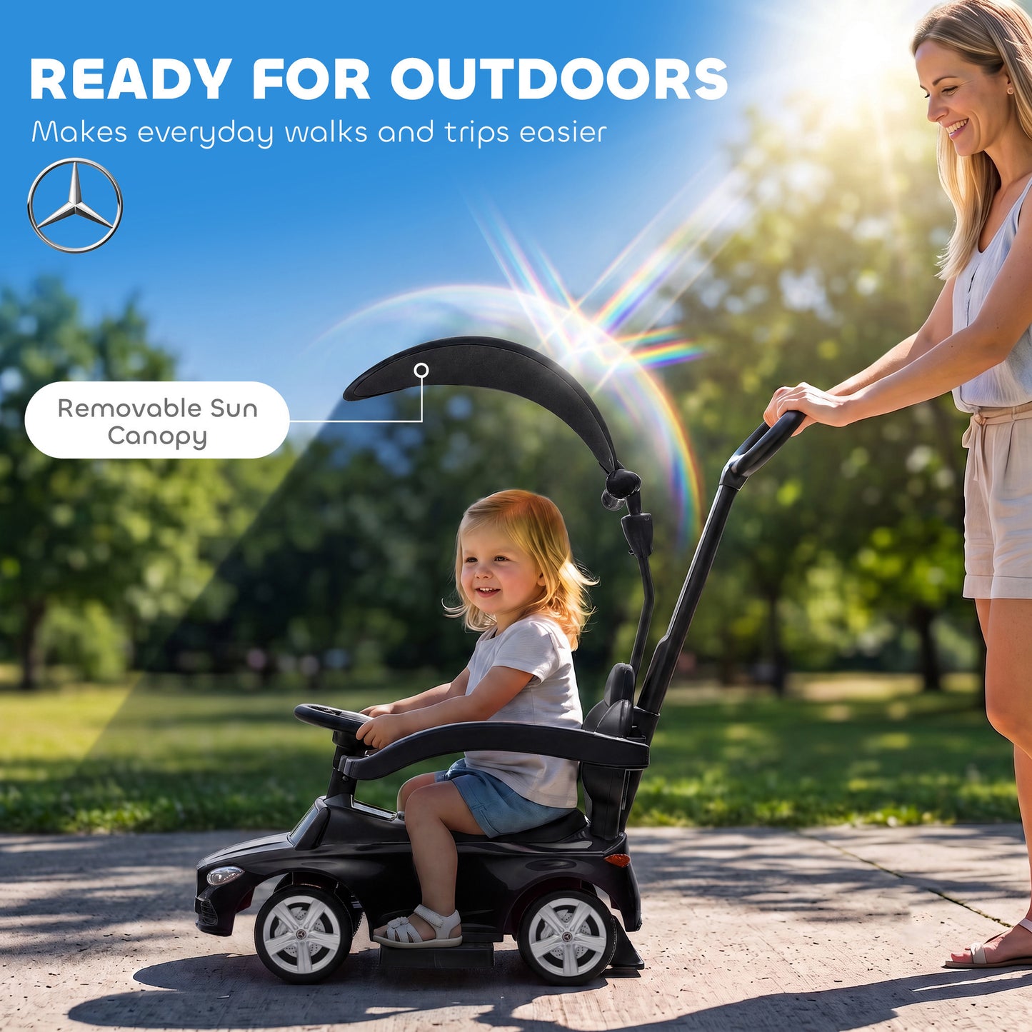 AIYAPLAY 4 in 1 Licensed Benz Ride on Push Car with Handle, Canopy, Guardrails, Horn, Music, Storage for 12-36 Months, Black
