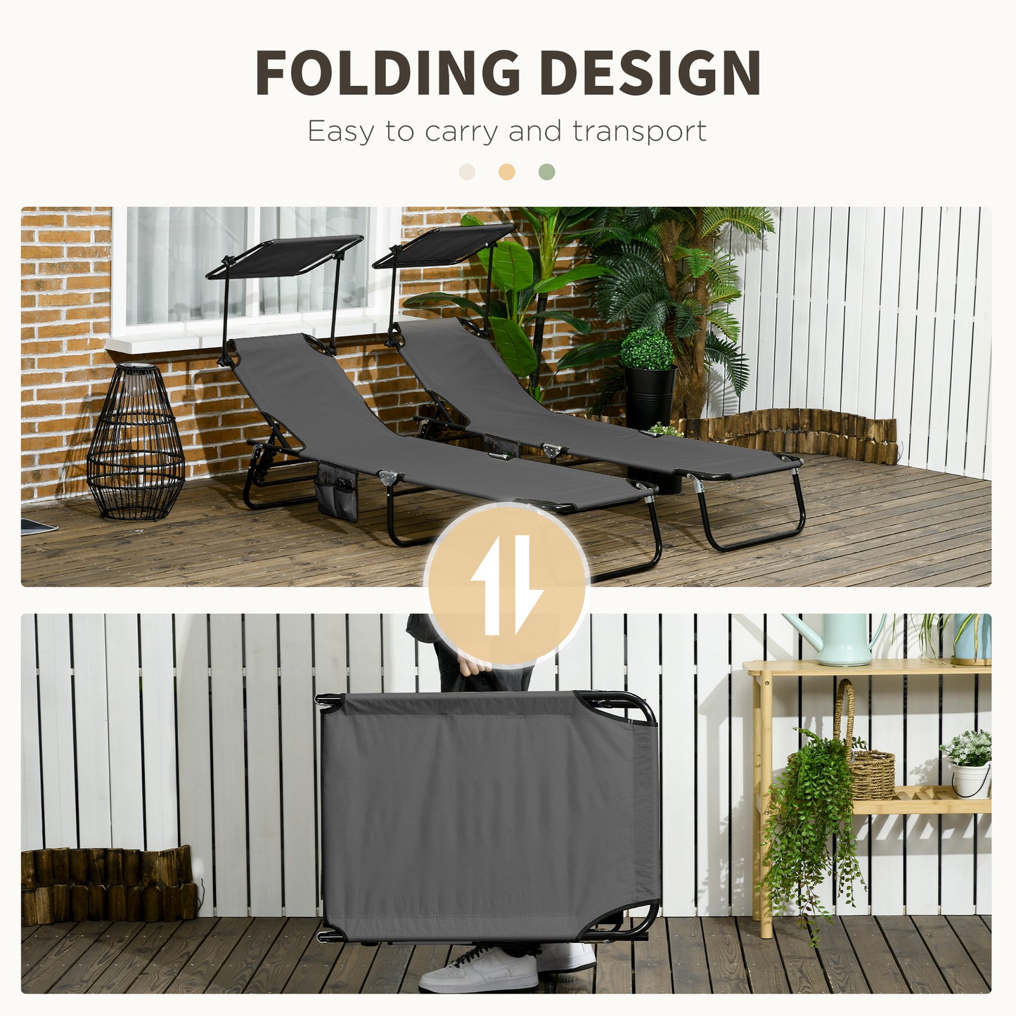 Outsunny 2 Piece Folding Sun Loungers w/ Canopy, Adjustable Garden Chairs, Steel Frame, Dark Grey