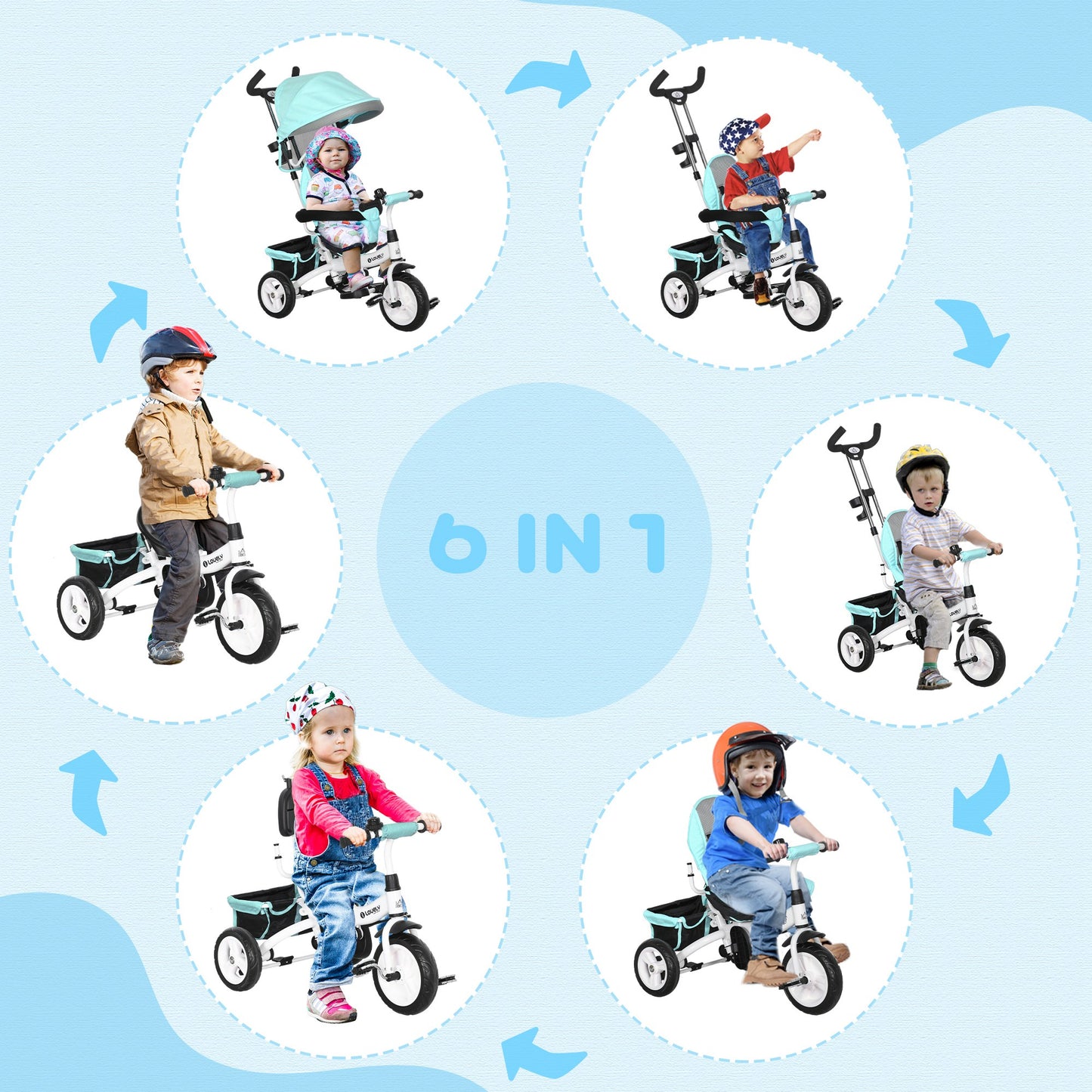 HOMCOM 6 in 1 Kids Trike Push Bike w/ Push Handle, Canopy, 5-point Safety Belt, Storage, Footrest, Brake, for 1-5 Years, Green