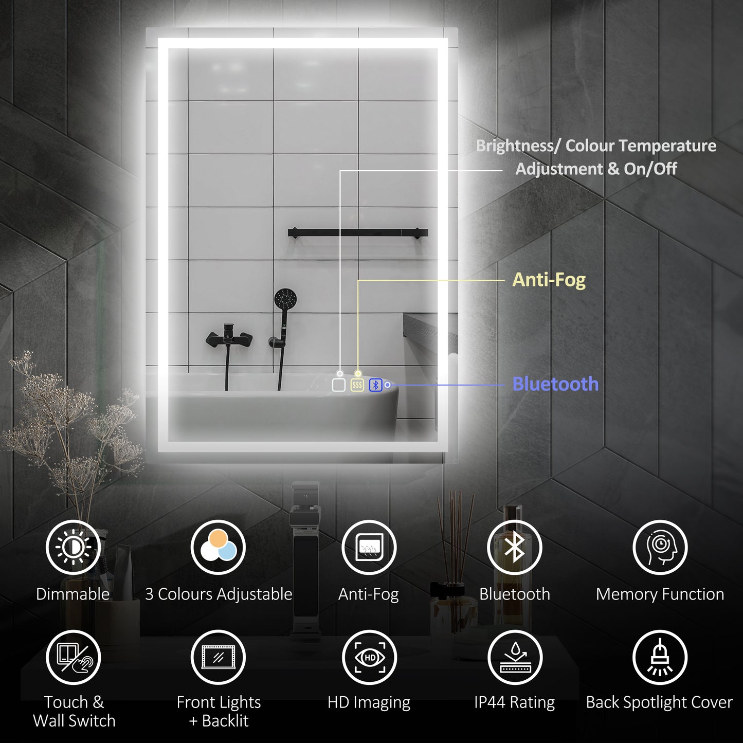 HOMCOM 60 x 80 cm Bluetooth LED Bathroom Mirror with Demister Pad - Silver Tone