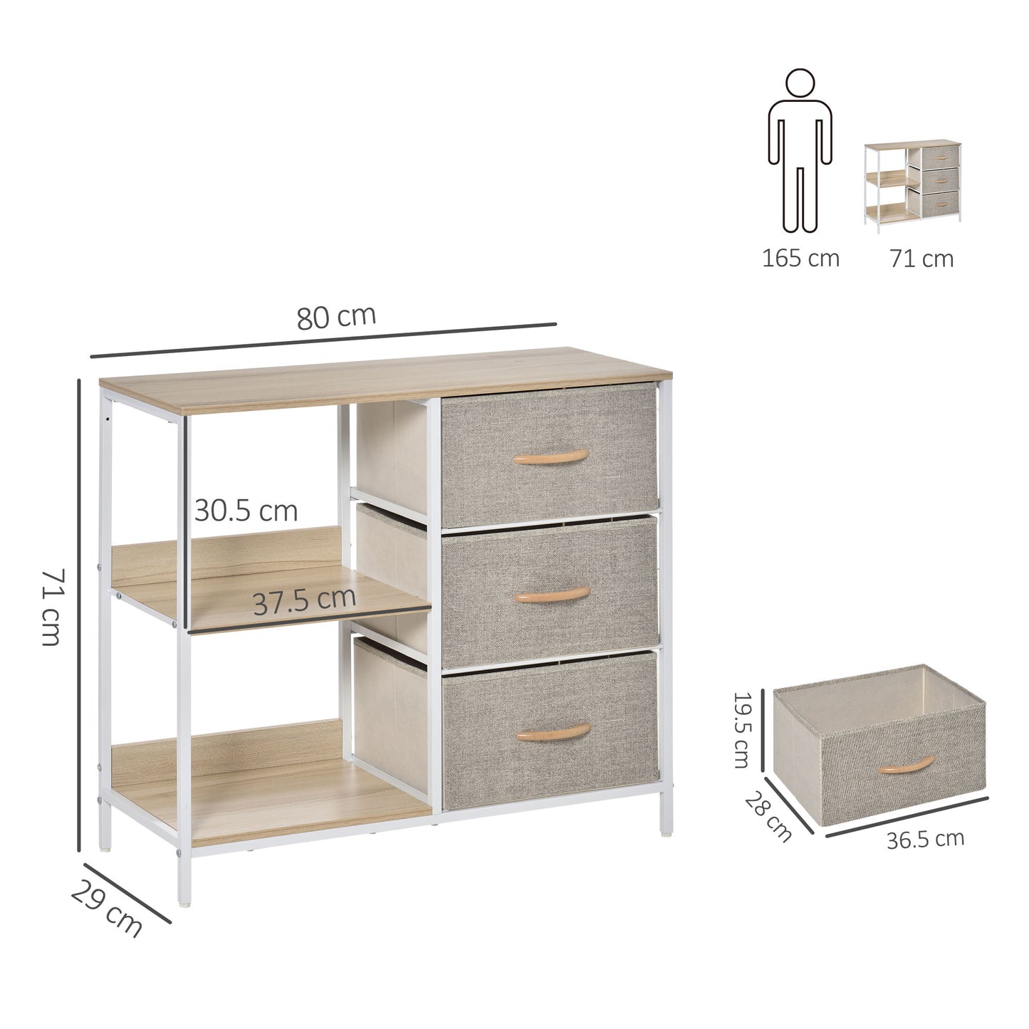 HOMCOM Storage Cabinet Organizer 3 Drawer Chest Dresser Tower with 2 Shelves