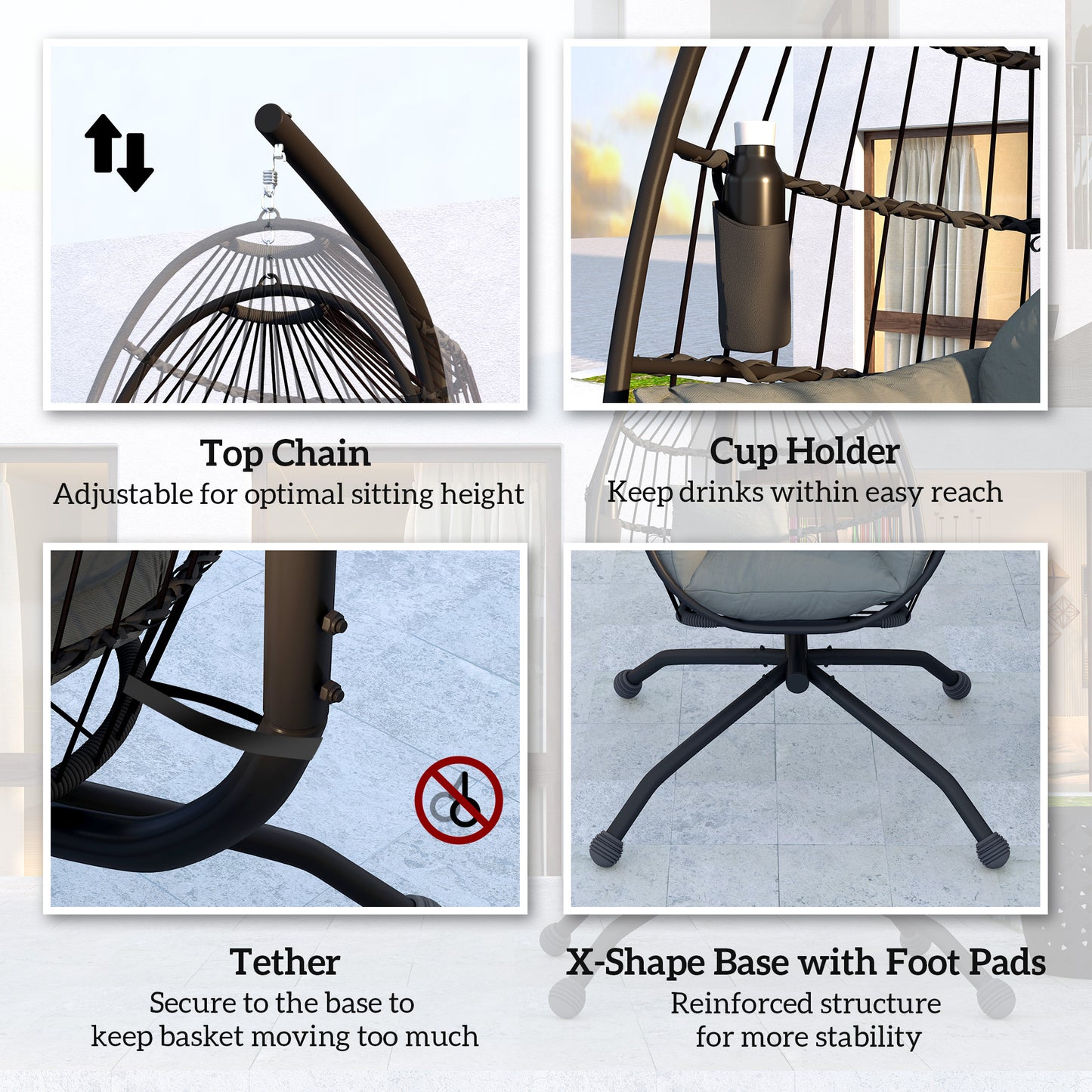 Outsunny Hanging Egg Chair: Indoor/Outdoor Swing with Stand, Cushion, Headrest, Cup Holder, Dark Grey