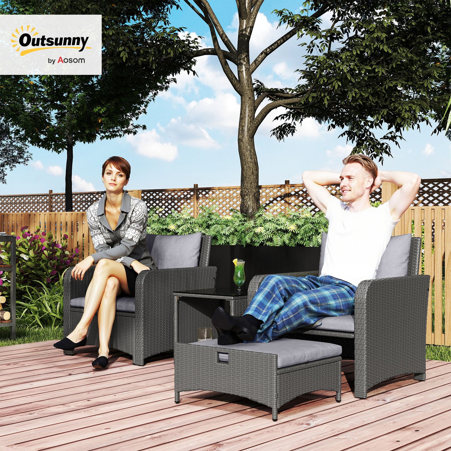 Outsunny Five Piece Rattan Garden Furniture Set with 2-Tier Coffee Table and Ottomans - Grey