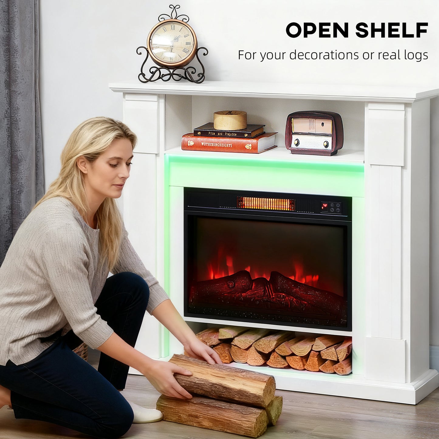 HOMCOM 6142 BTU Fireplace and LED Mantel, 17-27°C - White