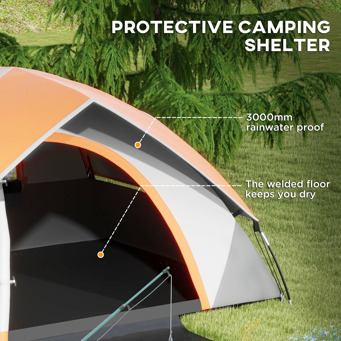 Outsunny Three Man Single Room Dome Tent, with Accessories - Orange/Grey
