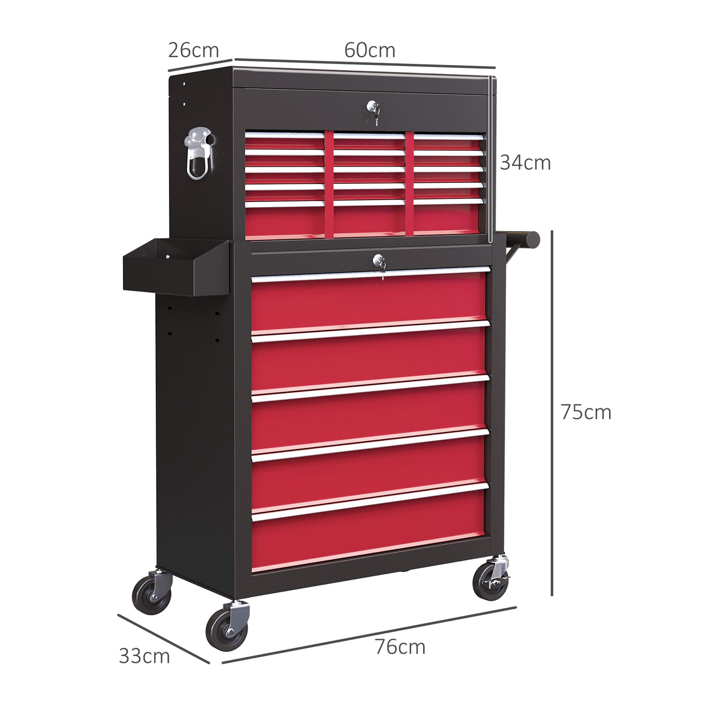 HOMCOM Rolling Tool Cabinet on Wheels with 14 Drawers, Pegboard and Side Rack, Lockable Top Tool Chest and Roller Cabinet Combo for Workshop and Home, Red