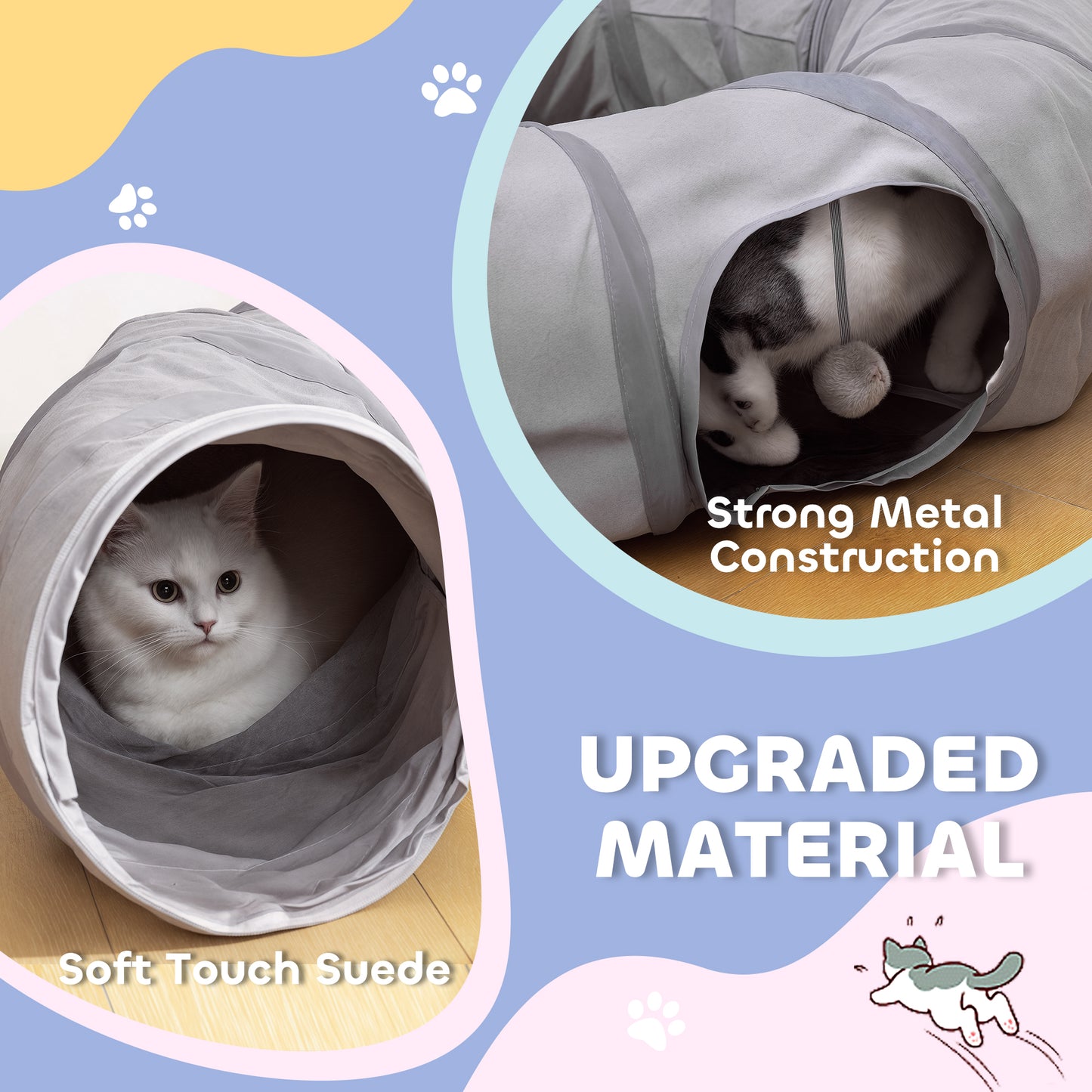 PawHut 2 in 1 Cat Tunnel with Bed, Cat Play Tunnel with Ball & Peek Hole for Indoor Cats, Grey