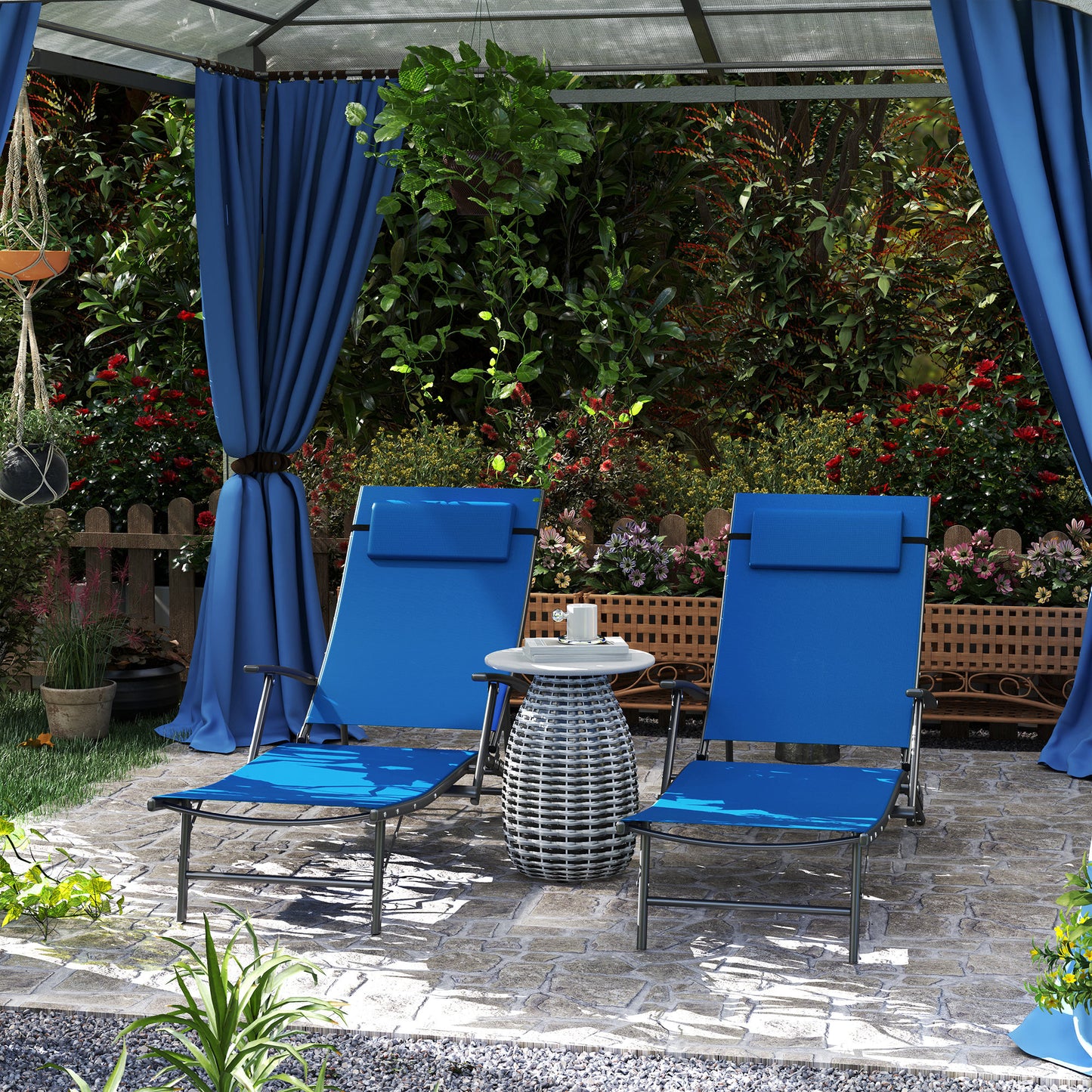 Outsunny Set of 2 Folding Sun Loungers, 4-Position Adjustable with Armrests, Pillows, Steel Frame, Blue