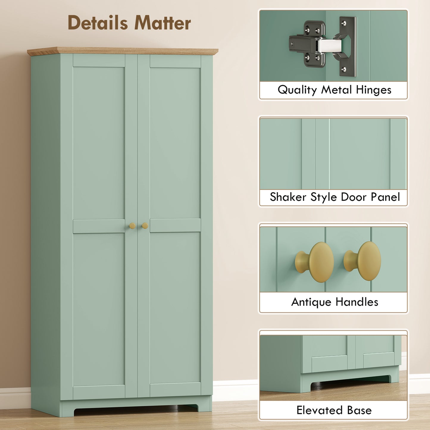 HOMCOM Kitchen Cupboard, 172cm Freestanding Storage Cabinet with Doors and Shelves, Light Green