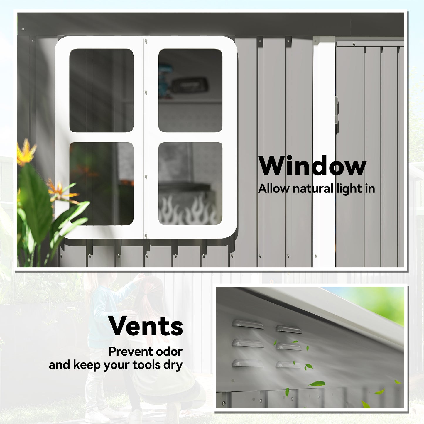 Outsunny Metal Storage Shed Lockable with Foundation Light Grey