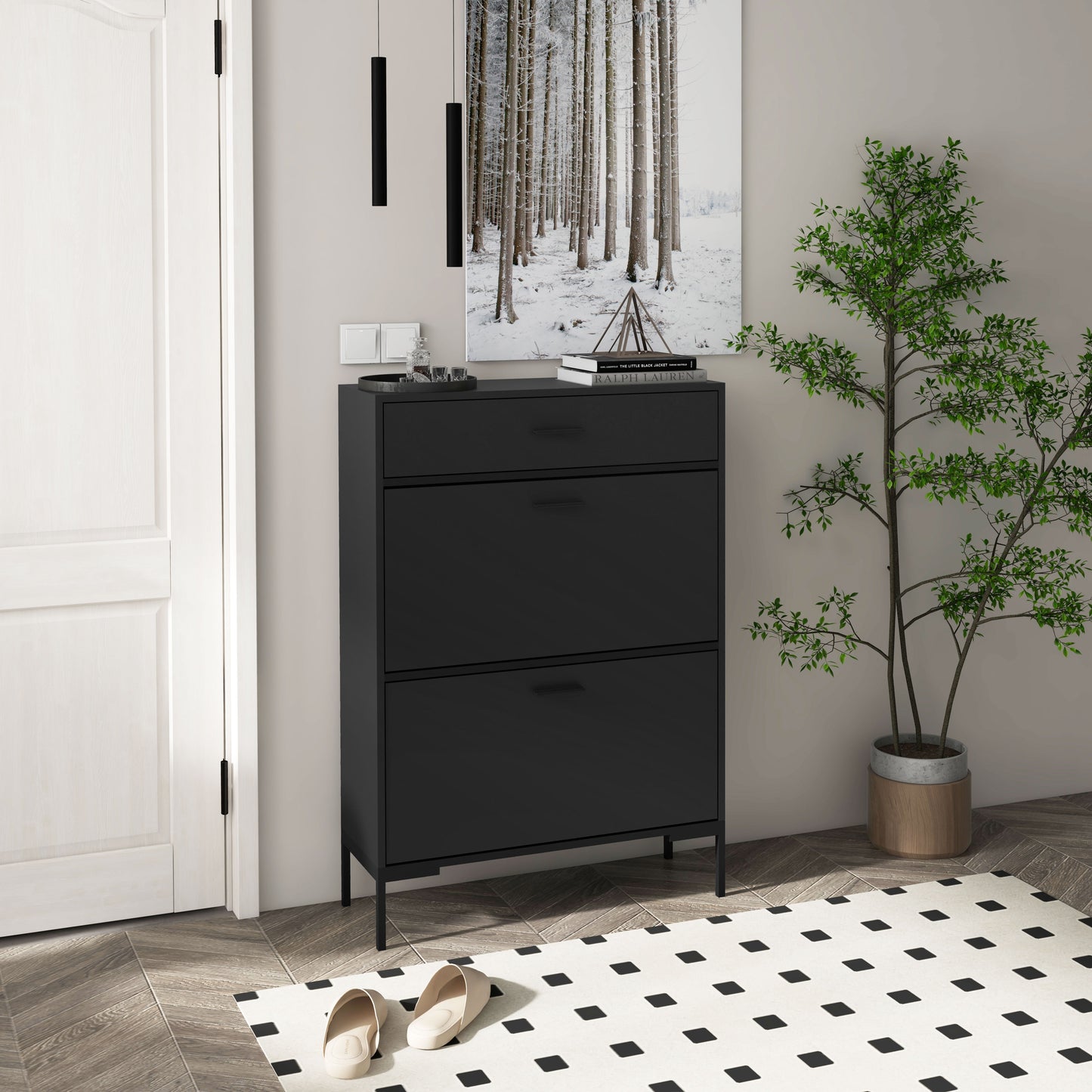 HOMCOM 3 Drawer Shoe Cabinet Cupboard with 2 Flip Doors, Sliding out Drawer and Adjustable Shelf for 12 Pairs of Shoes, Narrow Shoe Storage Organiser for Hallway, Entryway, Black