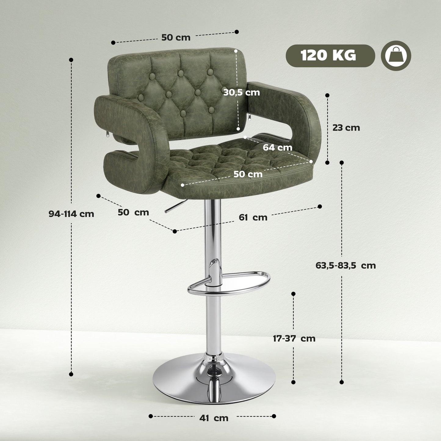 HOMCOM PU Leather Upholstered Swivel Bar Stool, Height Adjustable with Back, Armrest, Footrest, Green