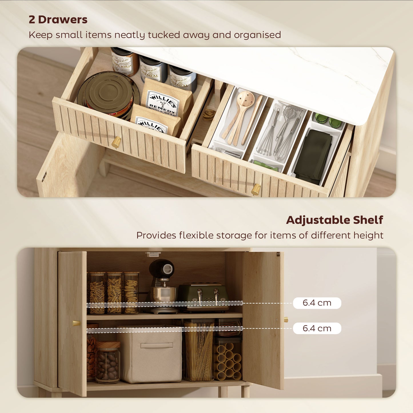 HOMCOM Sideboard Storage Cabinet, Fluted Kitchen Cupboard with Marble-Effect Top, 2 Drawers, 2 Doors and Adjustable Shelf, Oak