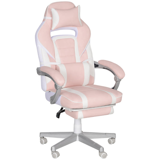 HOMCOM Faux Leather Reclining Gaming Chair, with Footrest - Pink/White