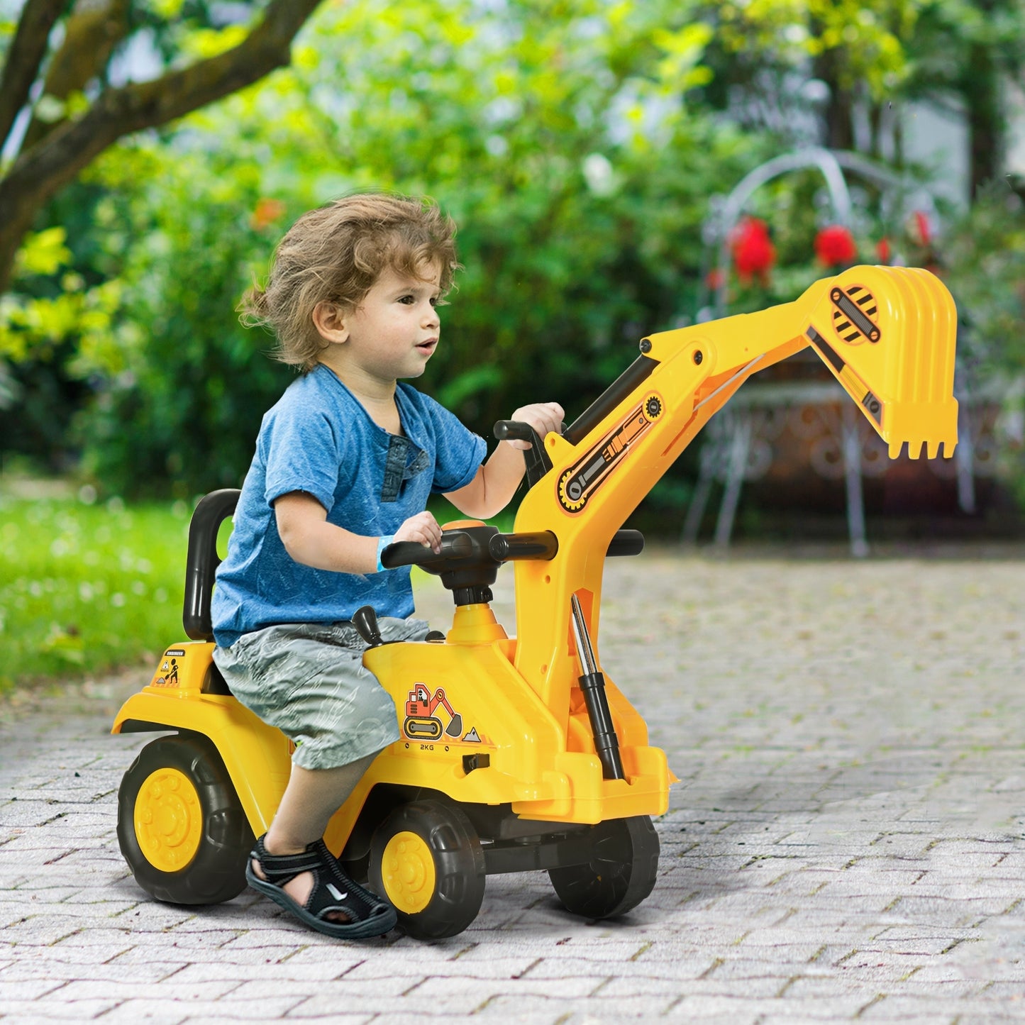 HOMCOM 2 in 1 Kids Ride On Tractor Pull Cart with Bucket, Under Seat Storage, Horn, High Backrest, for 1.5-4 Years Old, Yellow