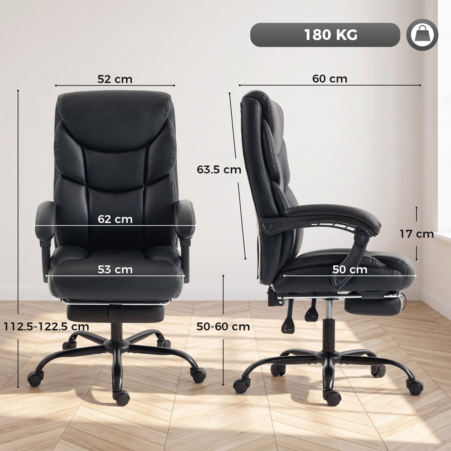 HOMCOM Executive Office Chair, 180kg Big and Tall PU Desk Chair with Linked Armrests, Black