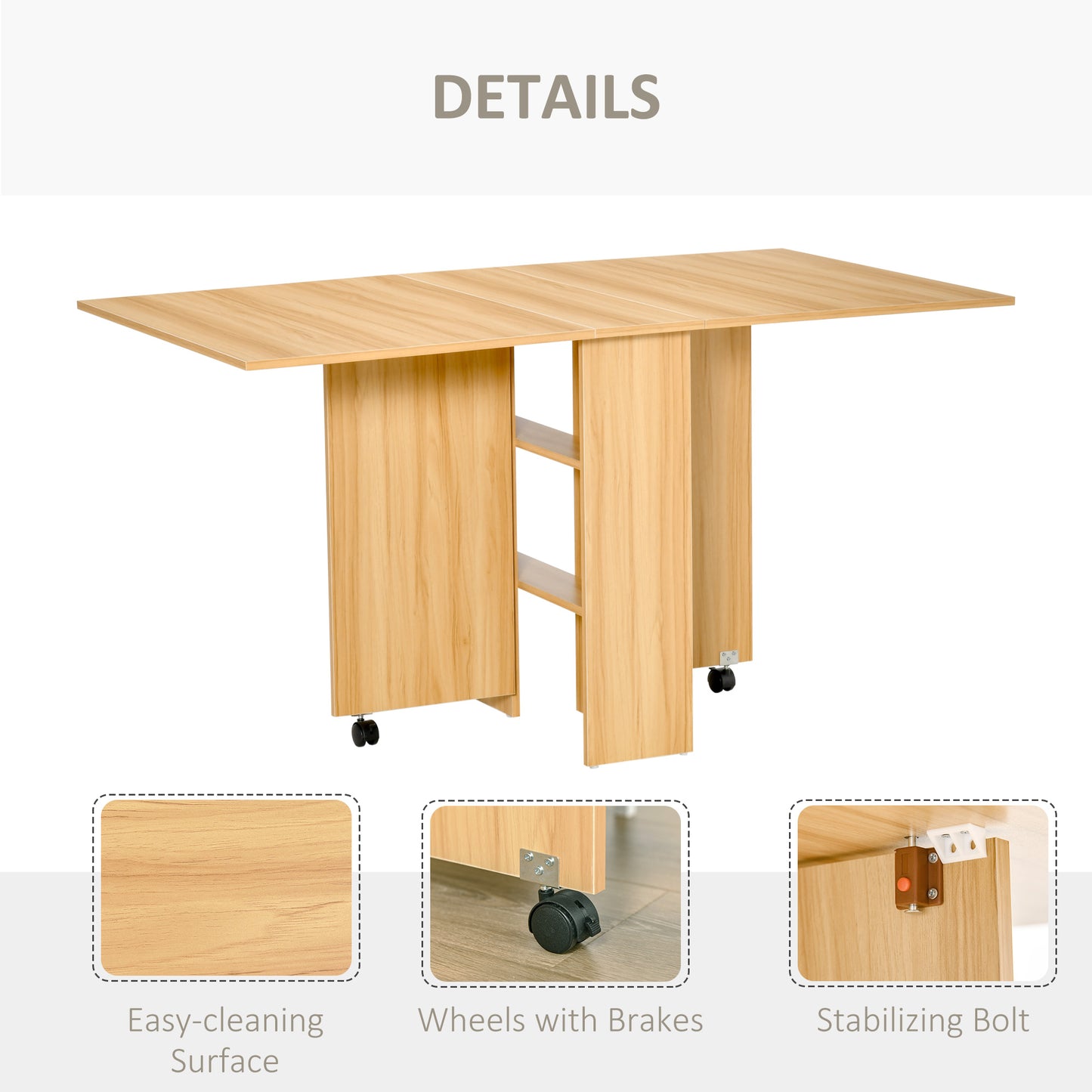 HOMCOM Folding Dining Table, Drop Leaf with Storage Shelves for Small Spaces, Kitchen & Dining Room, Teak