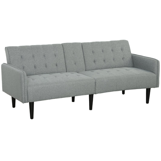 HOMCOM Upholstered Click Clack Sofa Bed, Linen-Feel 3 Seater Sofa Bed with Storage and Cupholders, Light Grey