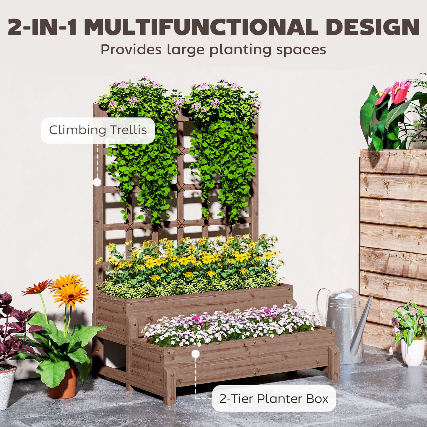 Outsunny 2-Tier Raised Garden Bed with Trellis, Wooden Elevated Planter Box with Drainage for Plants, Fruits, Vegetables, Flowers, Brown