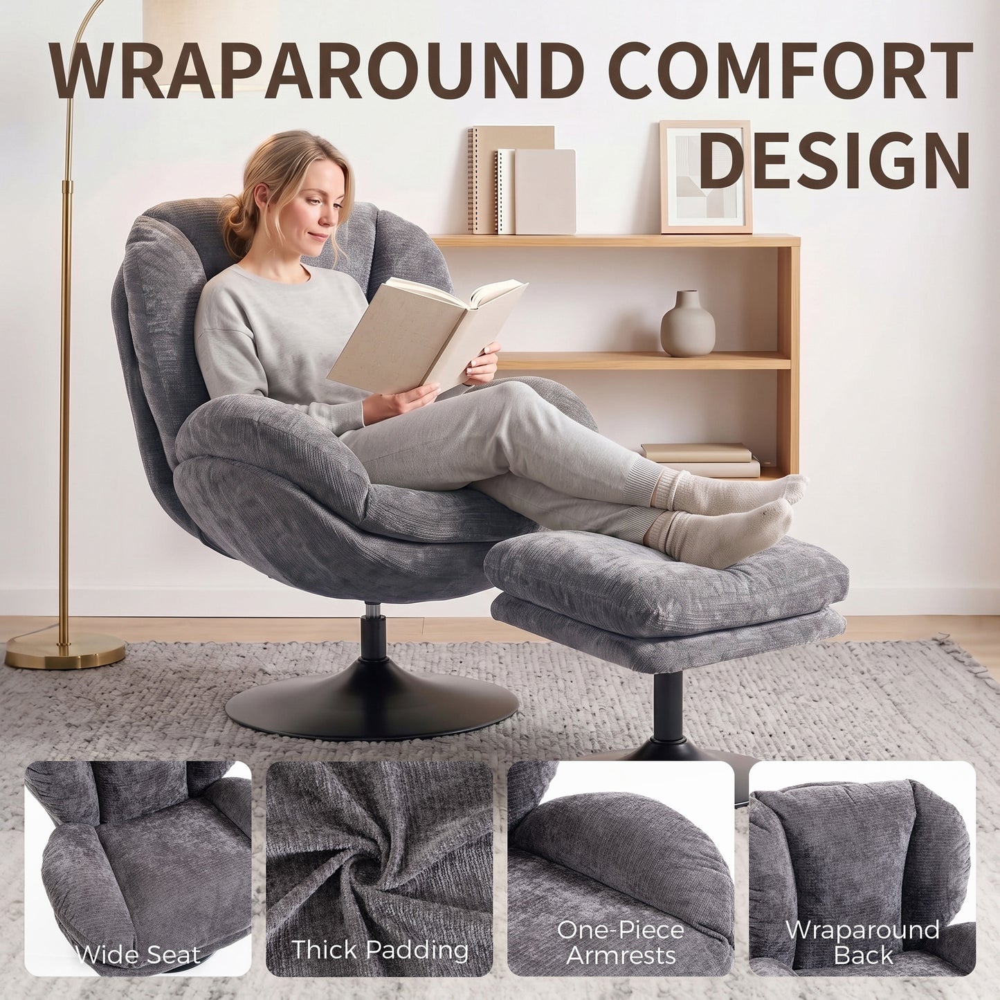 HOMCOM Modern Chenille Lazy Chair with Ottoman, 360° Swivel, Upholstered Reading Seat Set for Living Room, Dark Grey