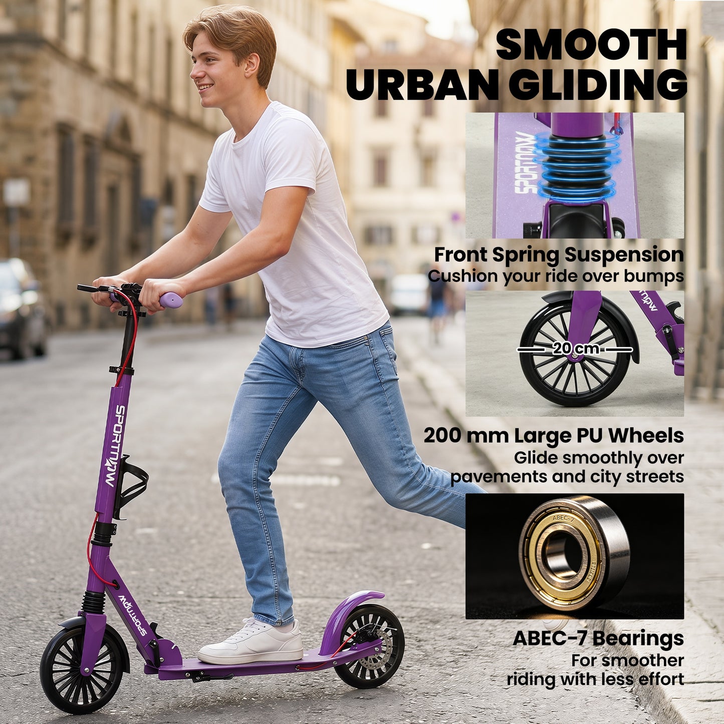SPORTNOW Foldable Kick Scooter with Height Adjustable Handlebar, One-click Folding Adult Scooters with 200 mm Big Wheels, Purple