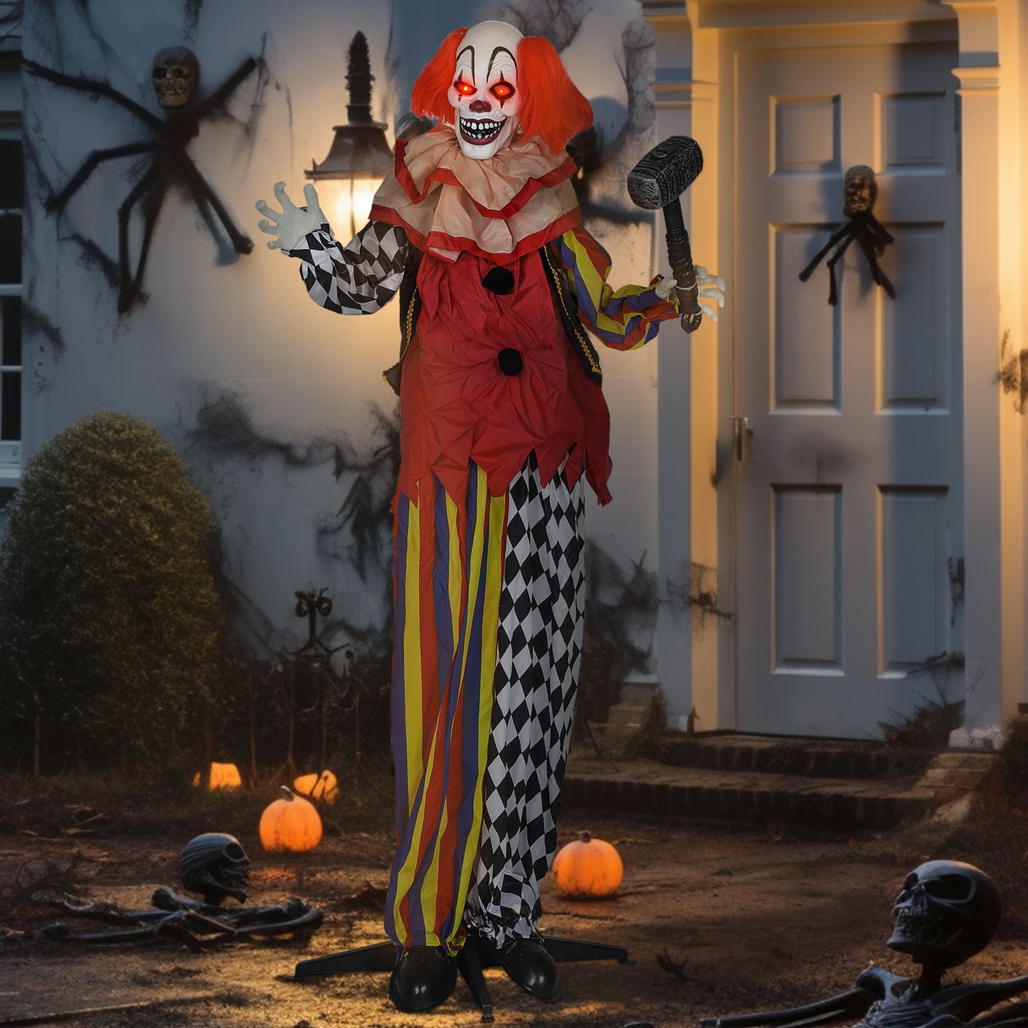 Outsunny Life Size Halloween Animated Clown with Red Light Up Eyes, Sound Activated Moving Arms & Head, Battery Operated Indoor Prop, 173 cm, Red