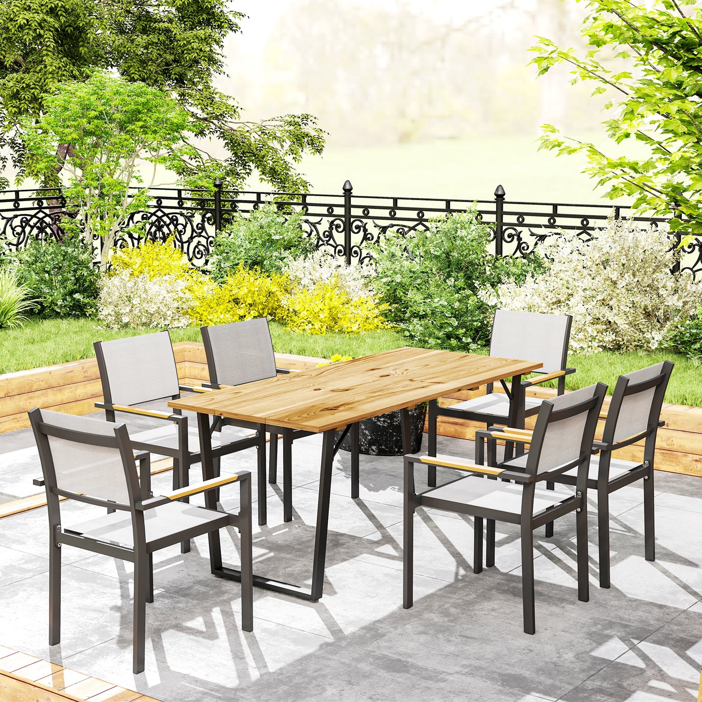 Outsunny Patio Table, 175x80cm Rectangle, Slatted Top, Parasol Hole, Weather-Resistant Fir Wood for Balcony/Terrace, Brown