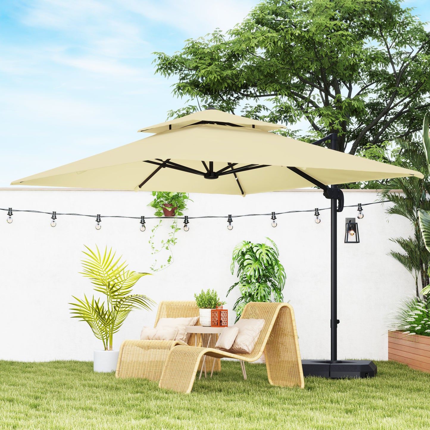 Outsunny 2.7 x 2.7(m) Cantilever Parasol with Aluminium Frame, Crank and Tilt, 360° Rotation, Double Top Garden Umbrella with Base and Cover, Khaki
