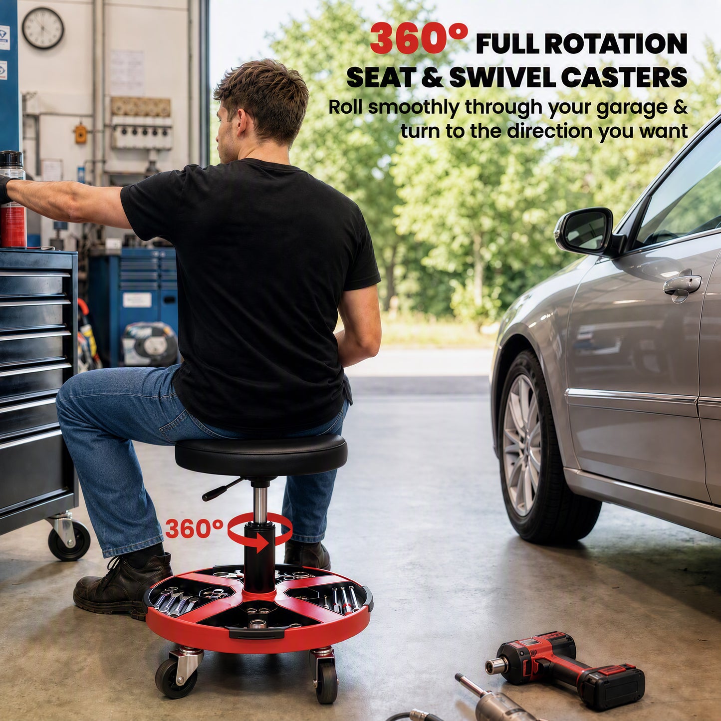 HOMCOM Rolling Mechanic Stool, 40-52 cm Height Adjustable Workshop Stool, 135kg 360° Swivel Roller Padded Creeper Seat, Black