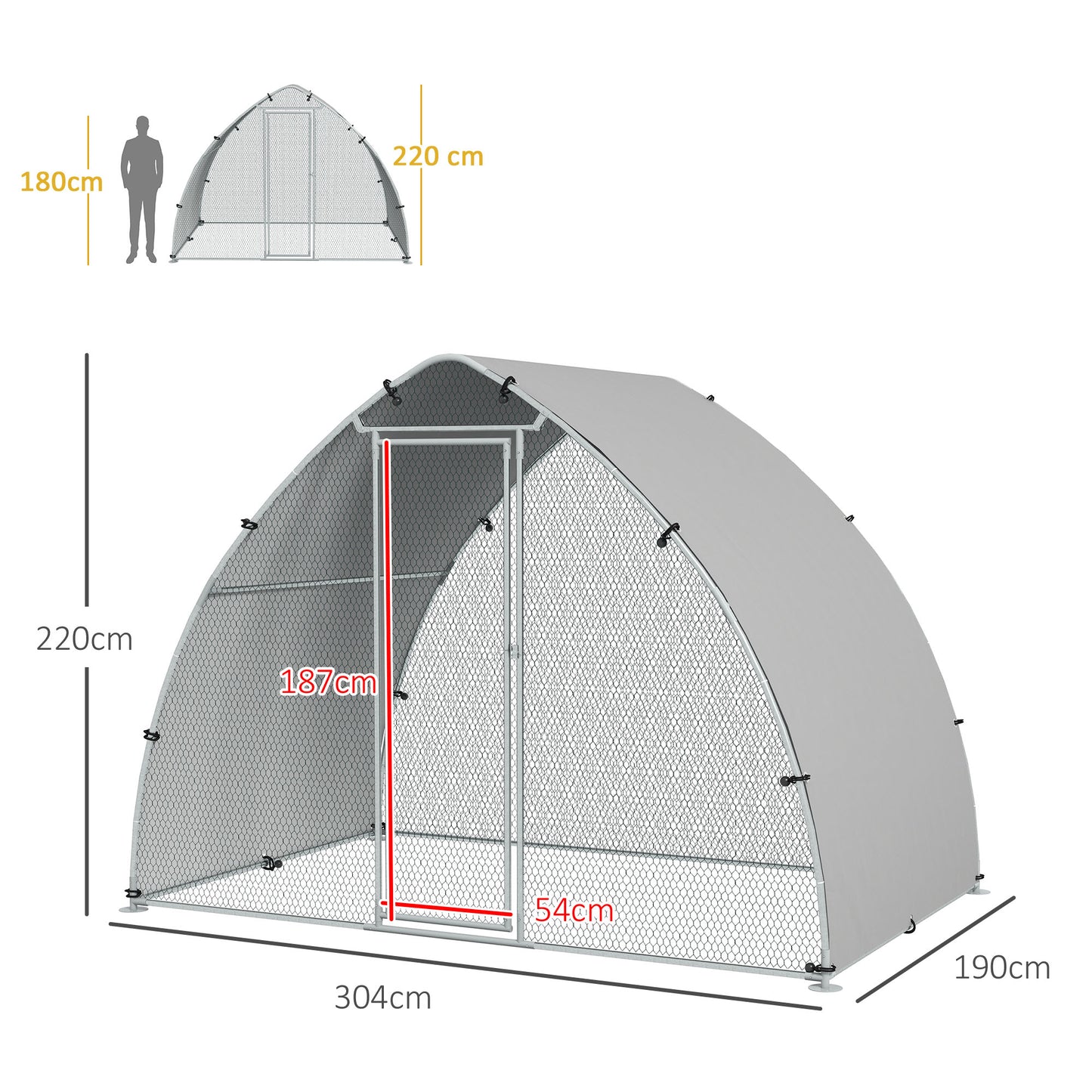 PawHut Galvanised Outdoor Chicken Coop with Cover for 4-6 Chickens Hens Ducks Rabbits 3 x 1.9 x 2.2m - Silver Tone