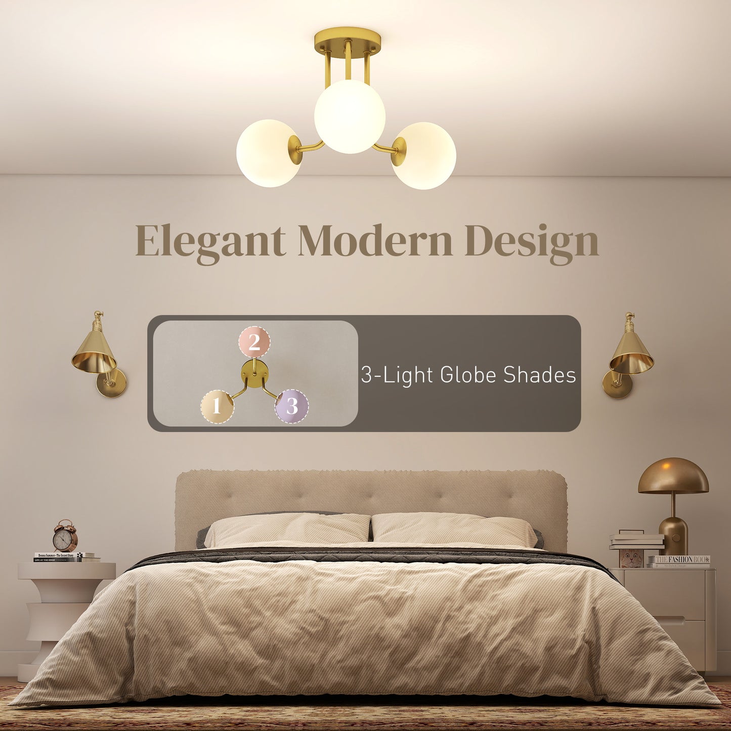 HOMCOM LED Ceiling Light with Globe Shades, Modern 3-Light, G9 Sockets for Living/Bedroom/Dining Room, Bulbs Not Included, Gold Tone