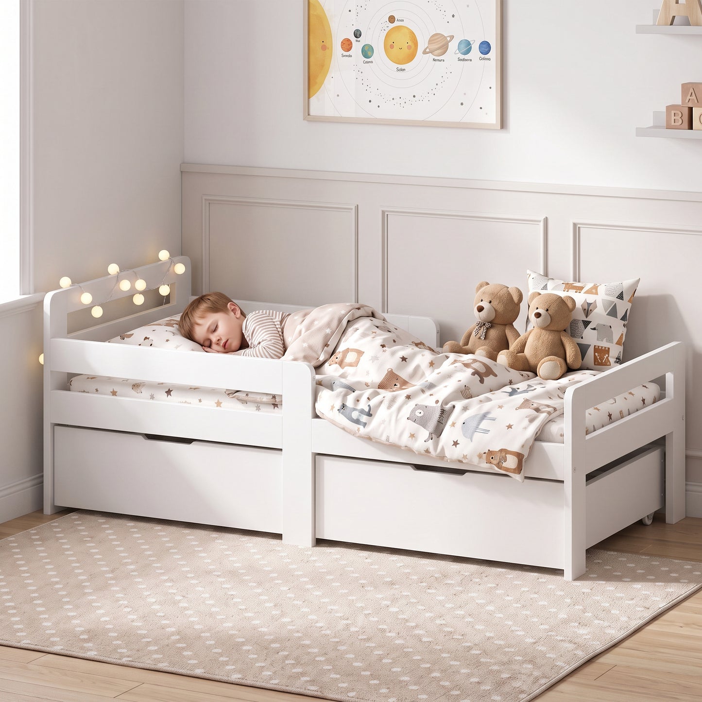 AIYAPLAY Wooden Kids Bed Frame with 2 Storage Drawers and Guard Rails for Ages 4-14, 144 x 76 x 57 cm (No Mattress), White