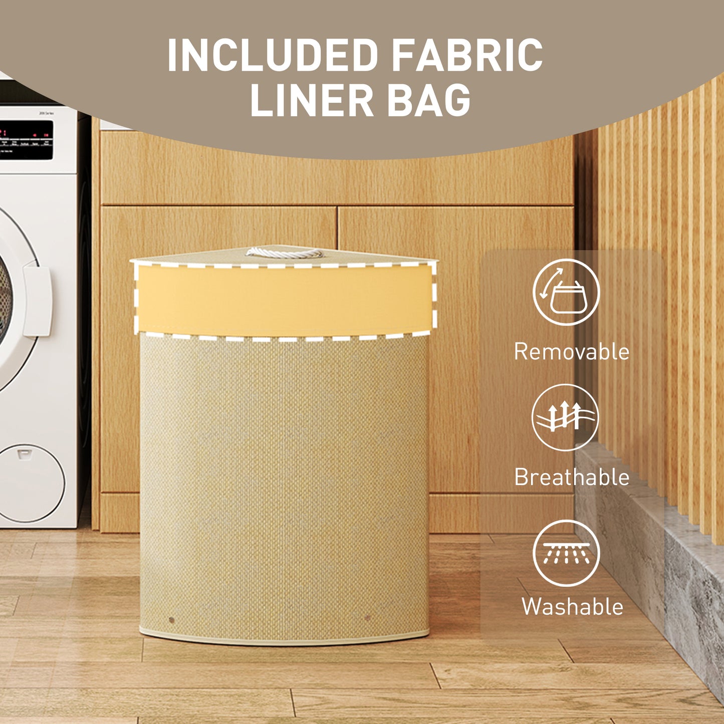 HOMCOM Bamboo Laundry Basket with Lid, 55L Corner Hamper, Removable Liner, Bathroom Triangle Basket, 35x35x60cm, Nature Wood Finish