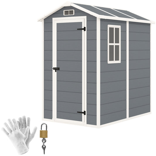 Outsunny 4 x 6ft Garden Shed, Plastic Shed with Floor, Window, Lockable Door and Vents, Resin Tool Shed for Outdoor Patio, Grey