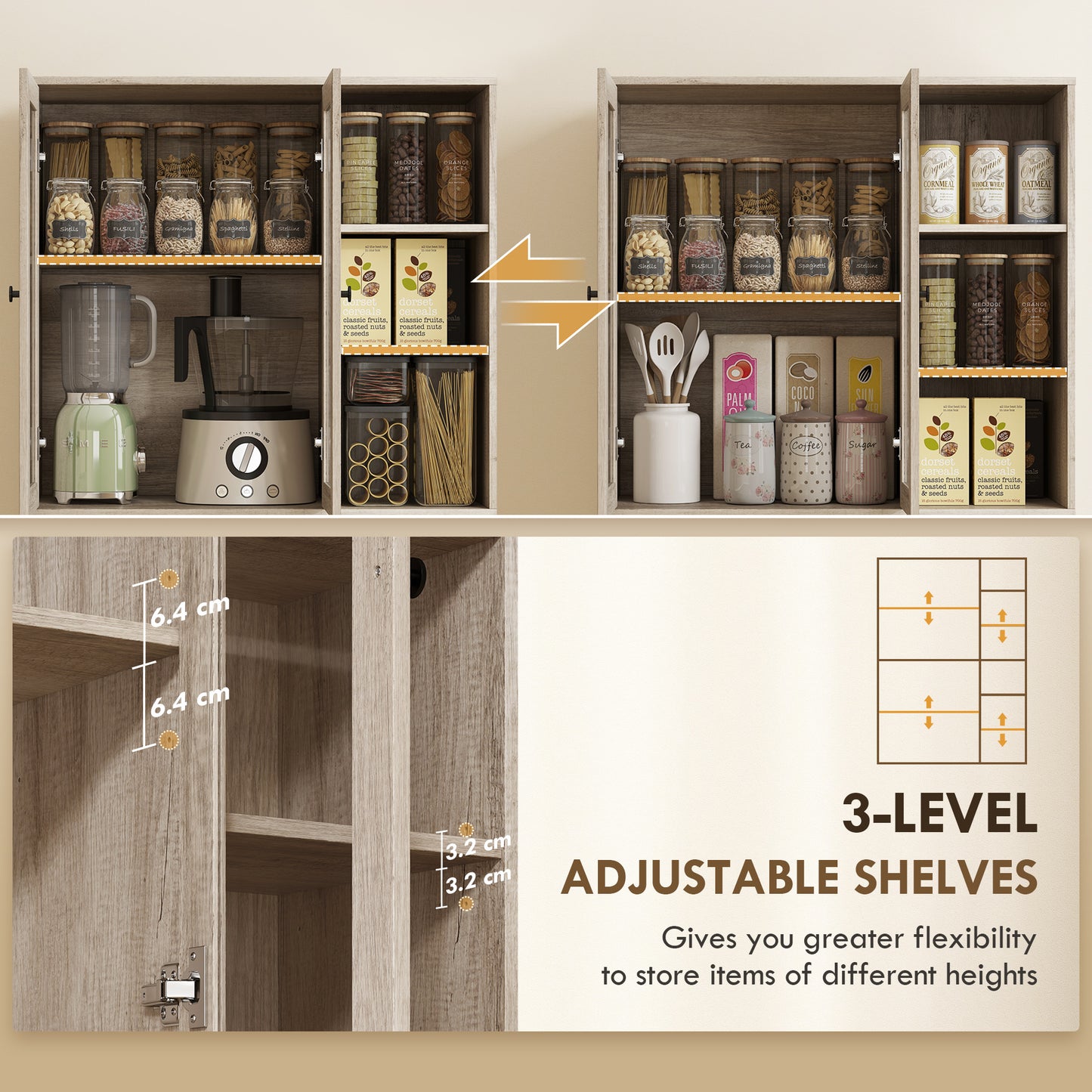 HOMCOM Multi-Storage Kitchen Cabinet, with Glass Doors - Grey Wood-Effect