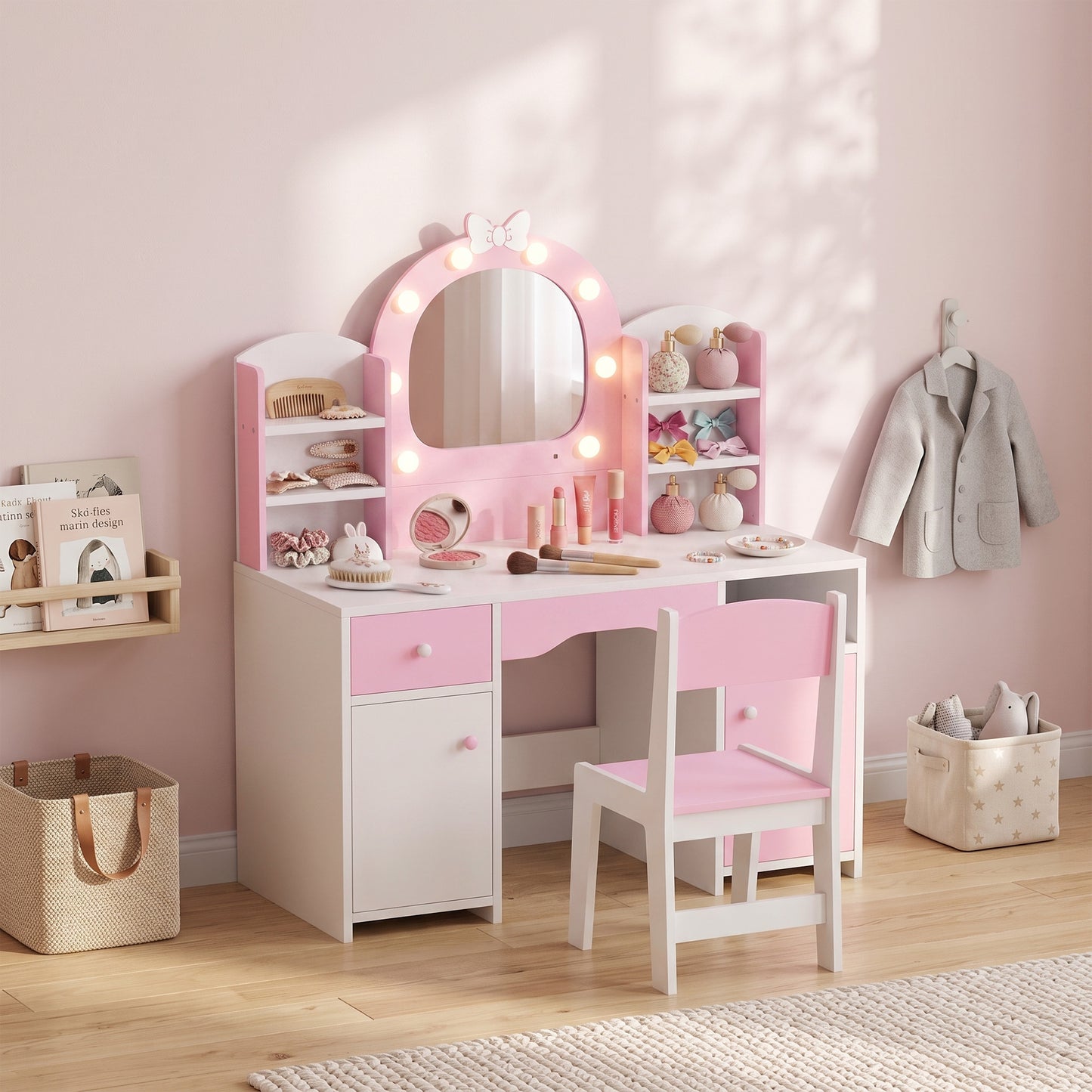 AIYAPLAY Kids Vanity Set, Kids Dressing Table with Stool, 2-Colour Lights Mirror, Cabinet, Drawer and Shelves, Pink