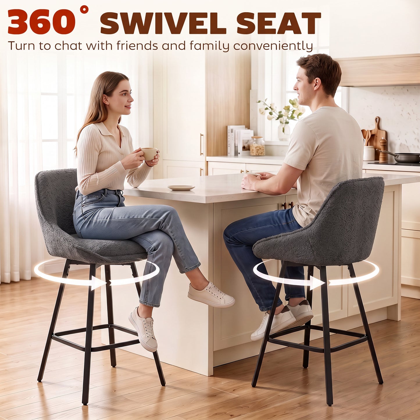 HOMCOM Bar Stools Set of 2, 64 cm Modern Linen-Touch Fabric 360° Swivel Counter Height Bar Chairs, Dark Grey