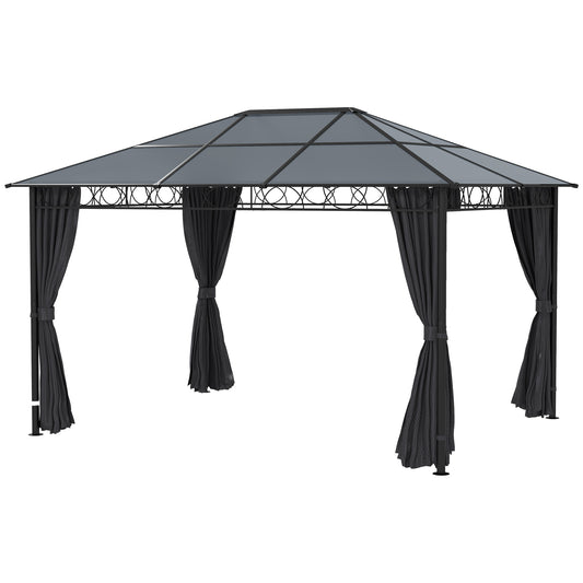 Outsunny Hardtop Gazebo Garden Pavilion with UV Resistant Polycarbonate Roof Curtains Steel & Aluminium Frame 3 x 4m Grey