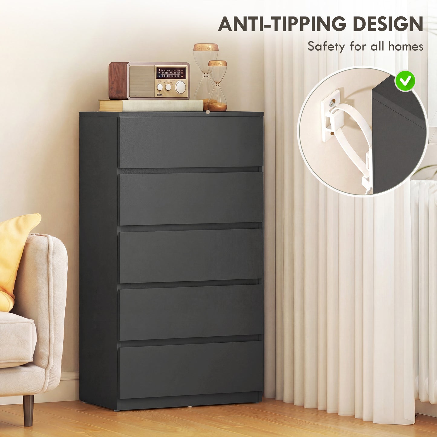 HOMCOM Chest of Drawers, 5-Drawer, Modern Dresser, Storage Drawer Unit for Bedroom